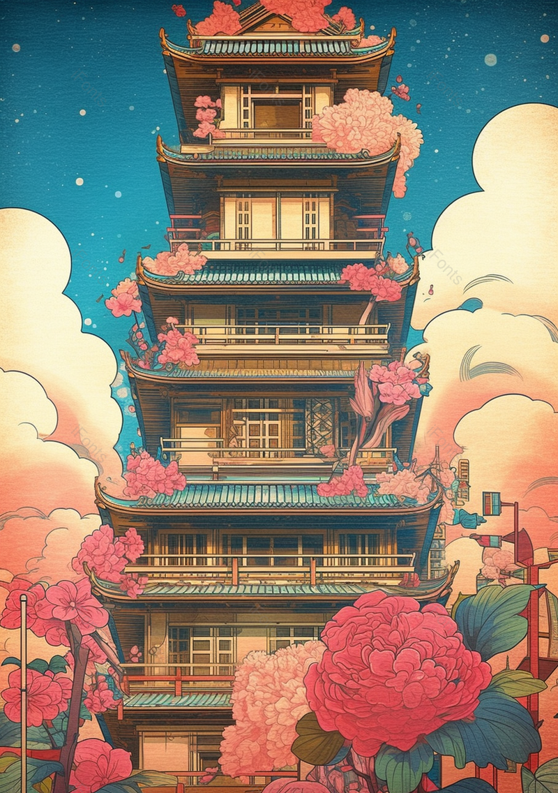 春天桃花盛开的中国风古塔典插画,插画/手绘图,插画/手绘图库,插画/手绘图下载,插画/手绘
